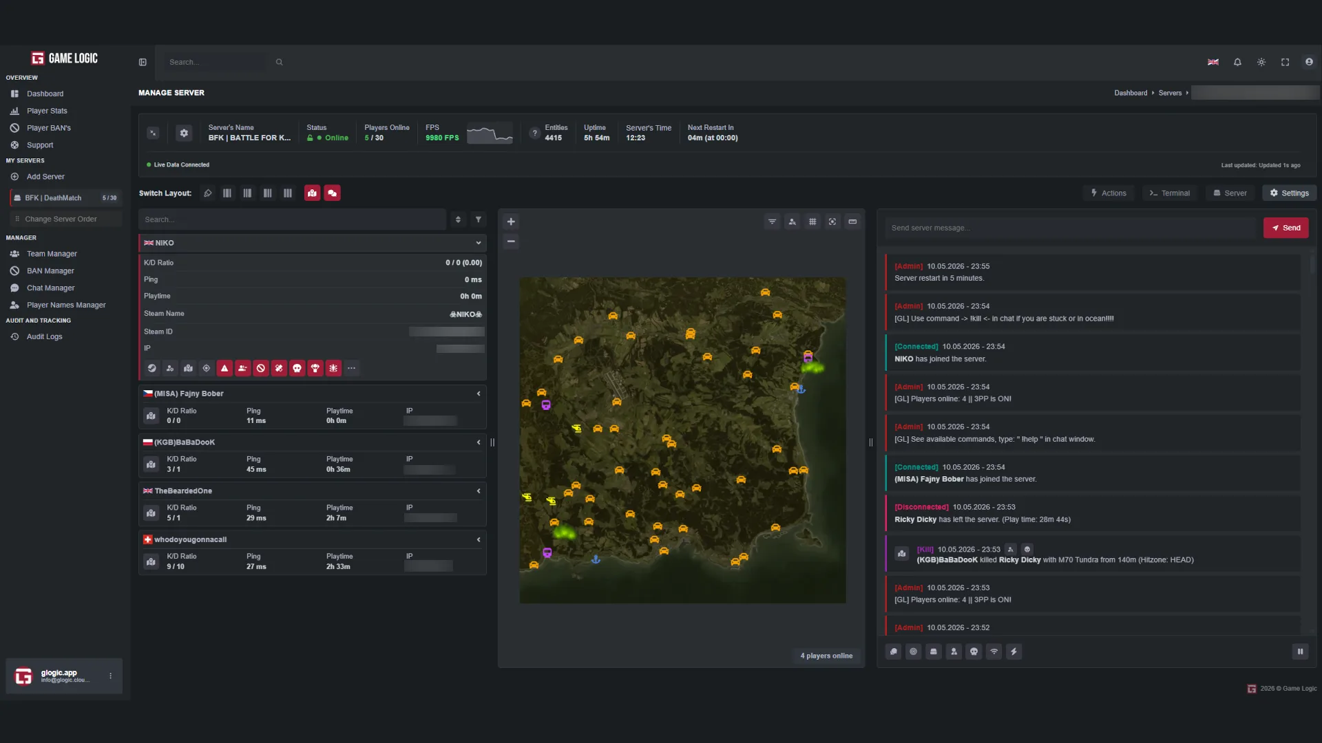 GameLogic DayZ server admin dashboard — live server view with player tracking